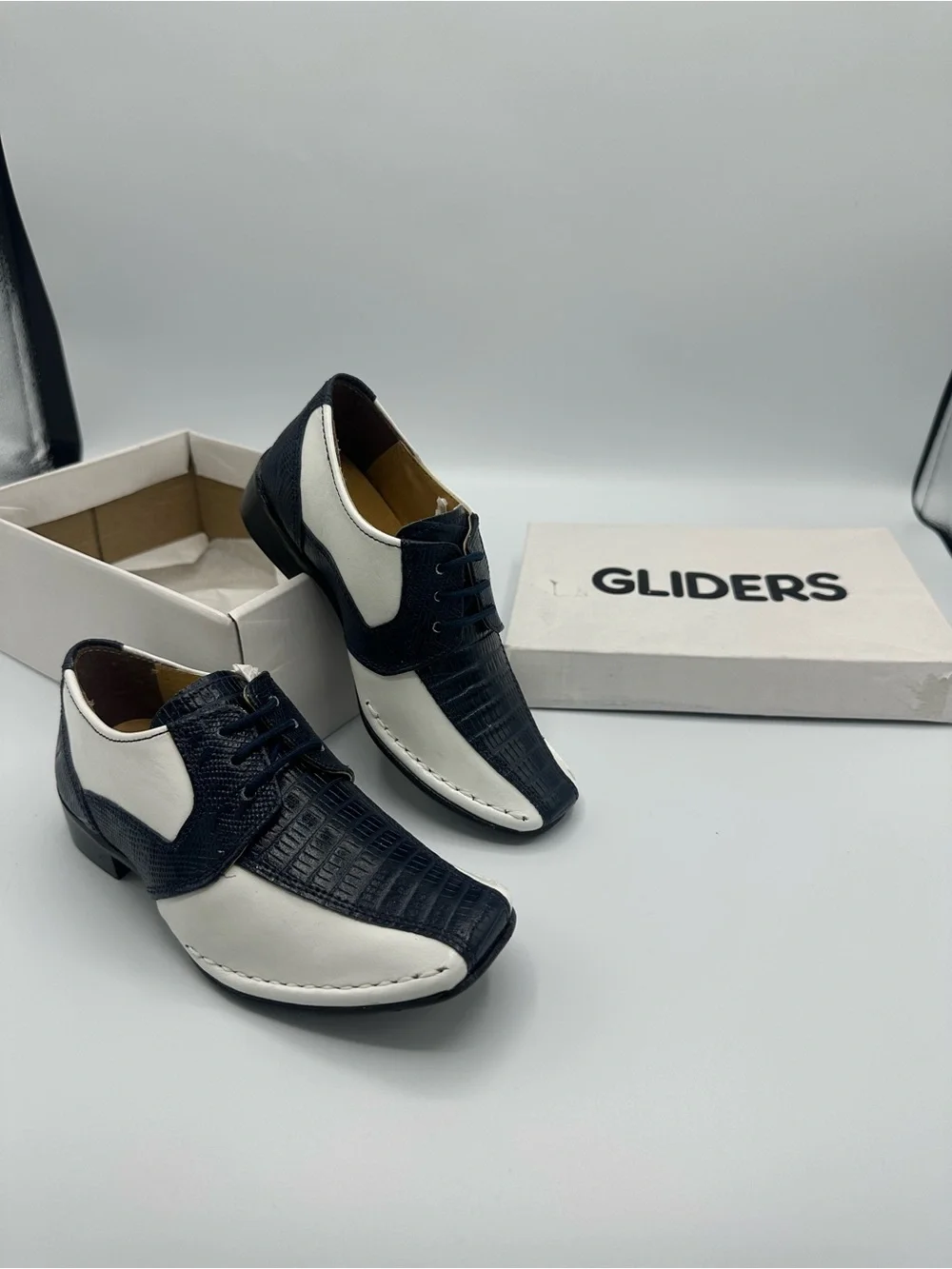 Gliders Little Kids Boys Lizard Lace-Up Leather Dress Shoes Navy/White Sz 10 NEW